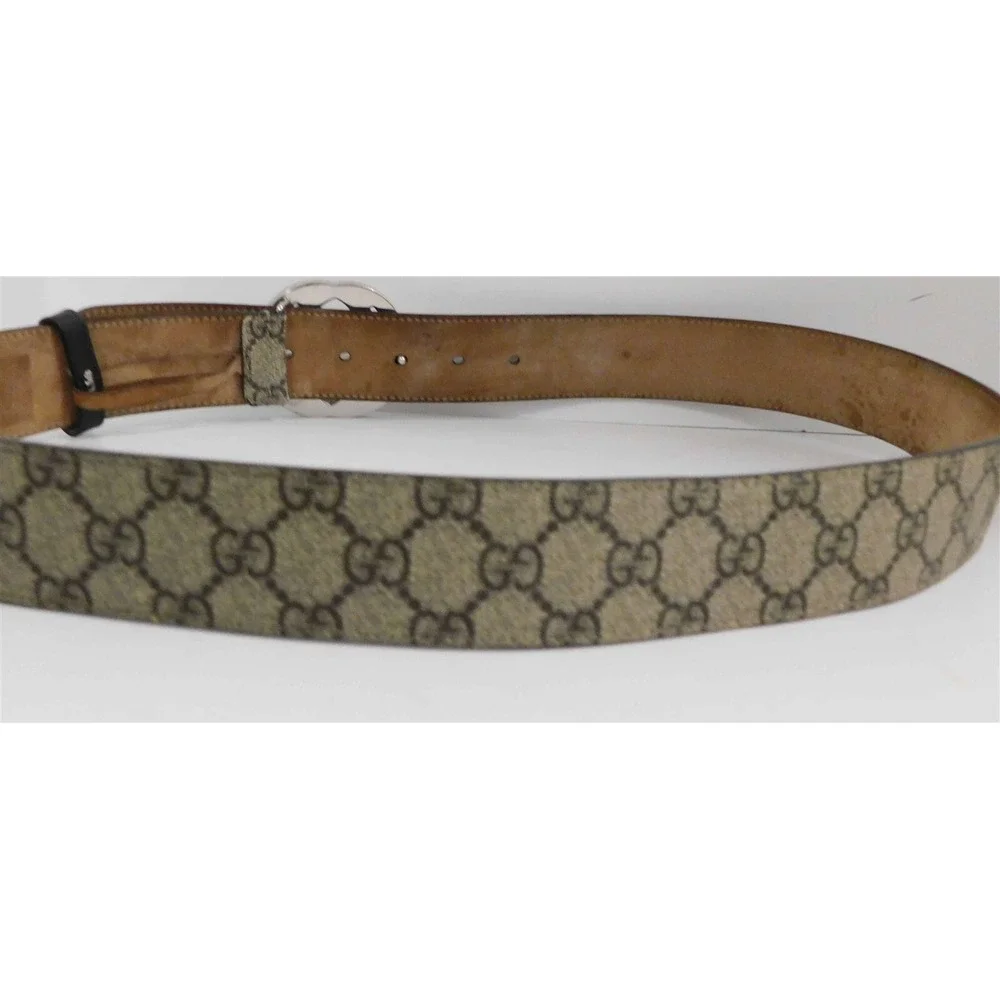Gucci Silver GG Belt Buckle Brown Monogram‎ Canvas Leather Belt sz 40 euro 100